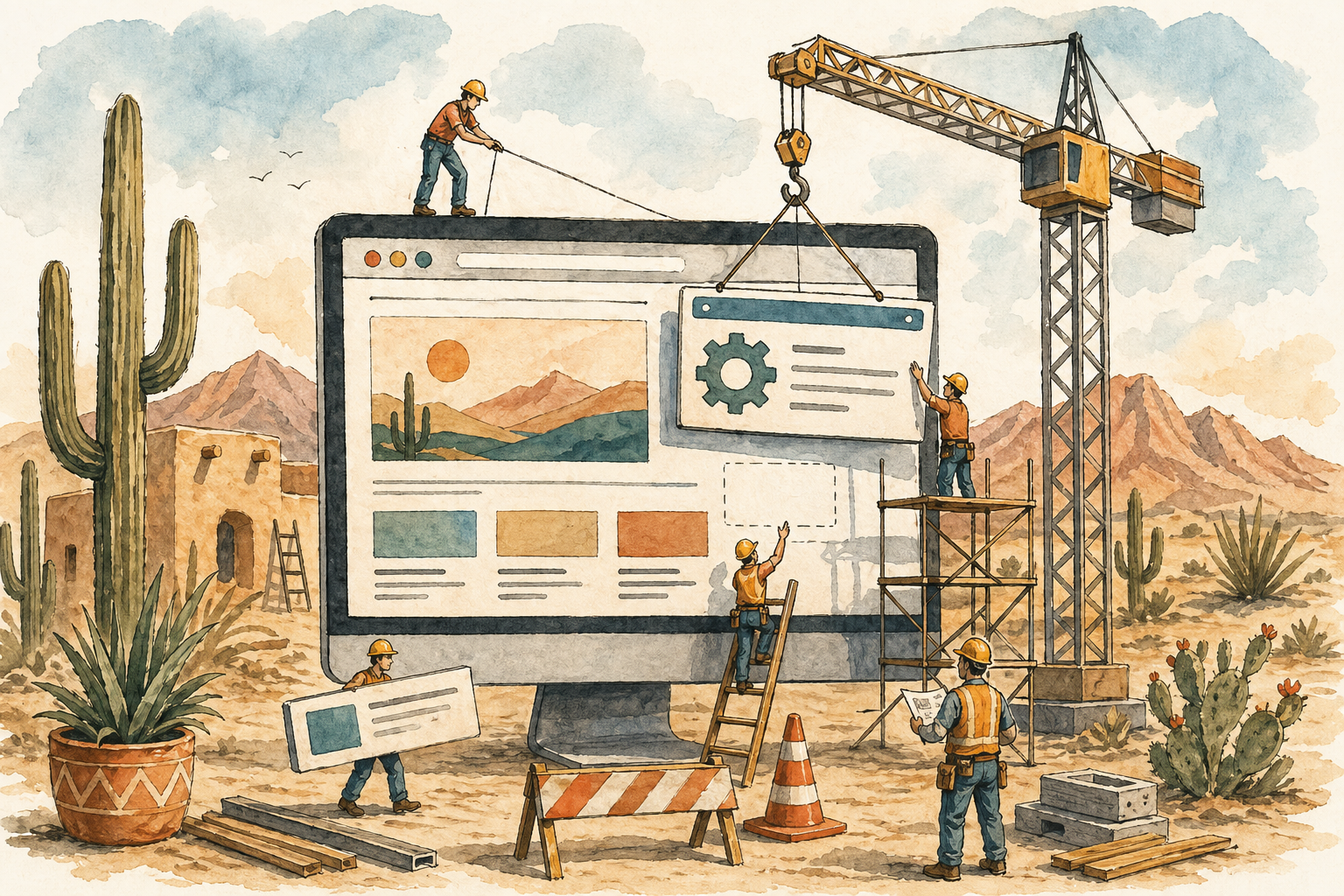 Illustrated construction workers assembling a website interface with a crane and web design elements