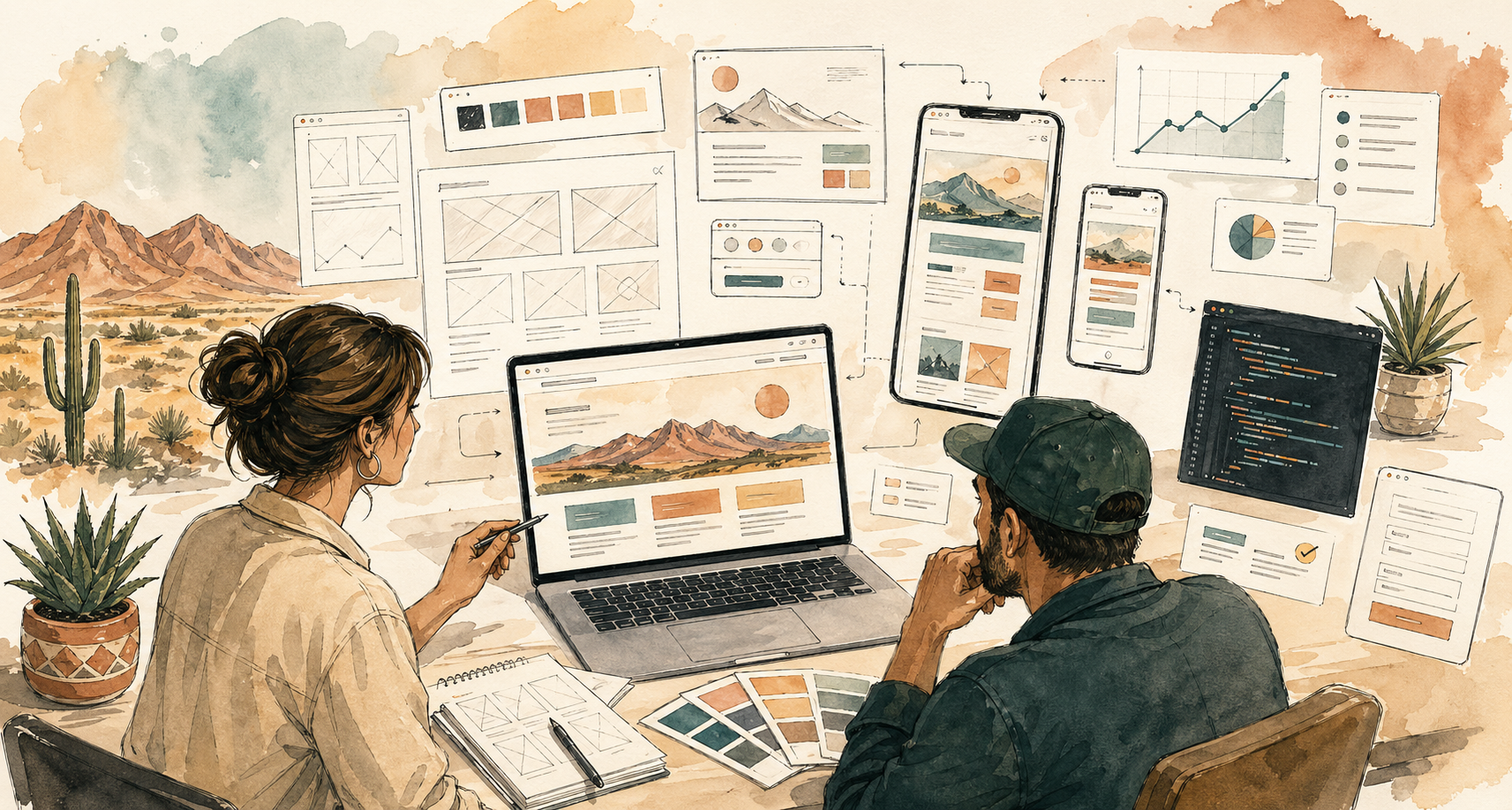 Illustrated web design review with layouts, responsive mockups, and development elements