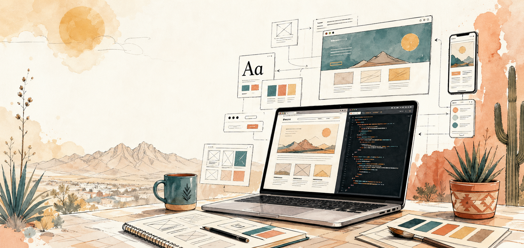 Illustrated web development workspace with code, website layouts, and responsive design mockups